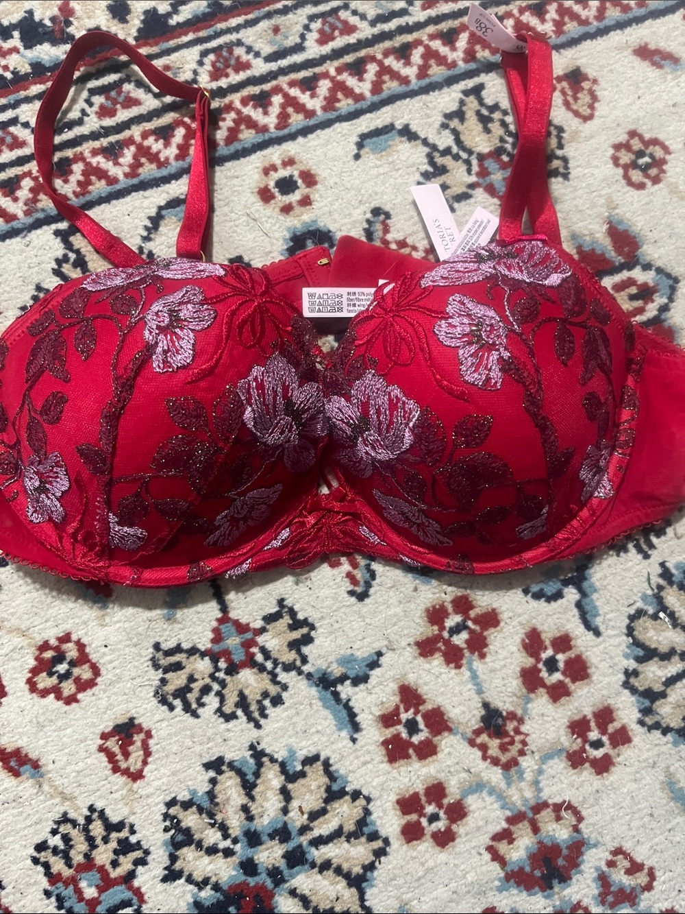 Red Floral Embroidered Underwire Bra